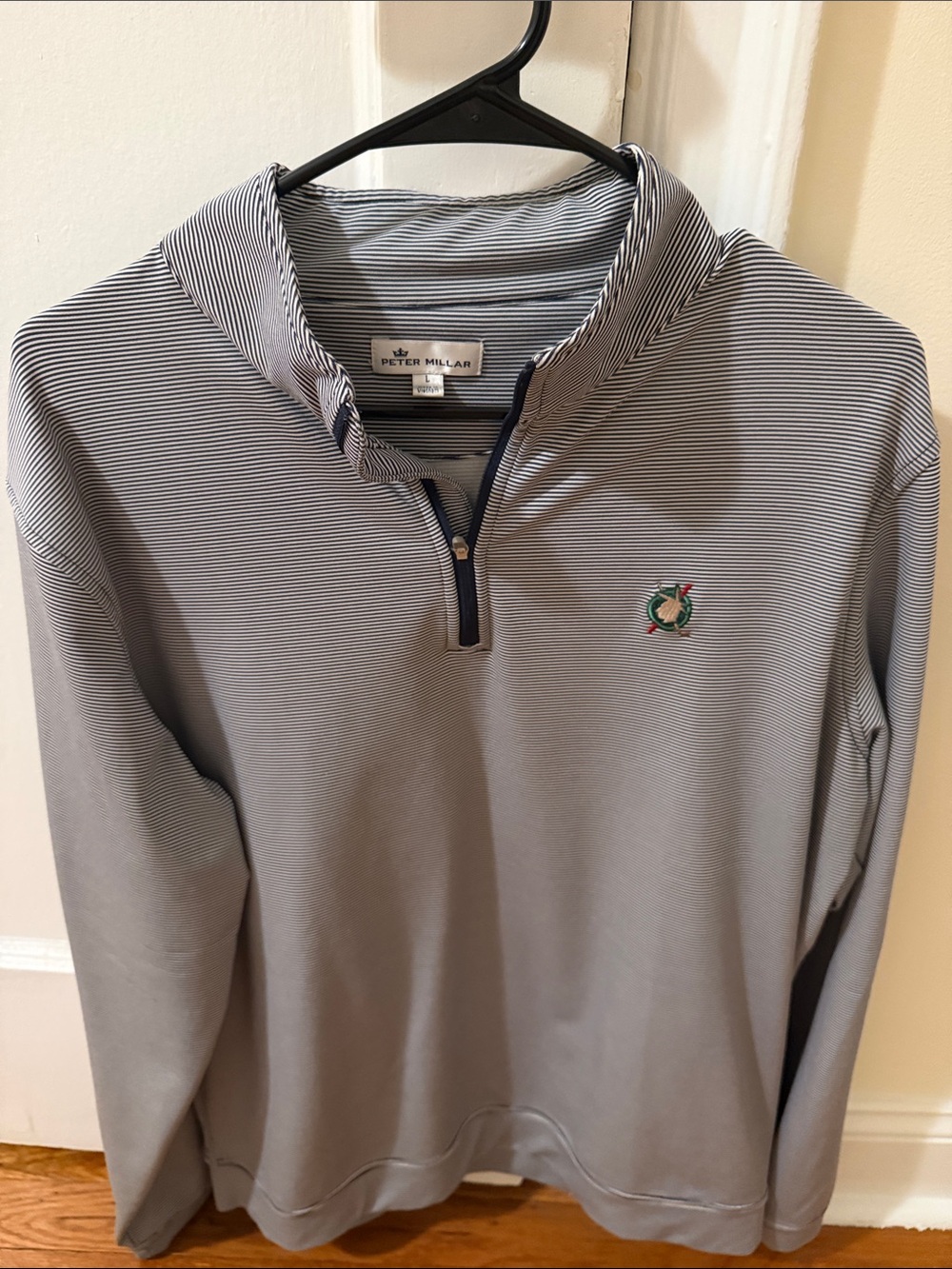 Peter Millar Navy Striped Quarter-Zip Pullover size L